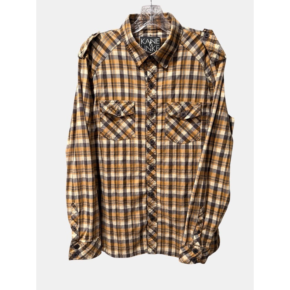 Kane Unke Mens XL Plaid Button Down Shirt Mustard Brown Epaulets Military Style